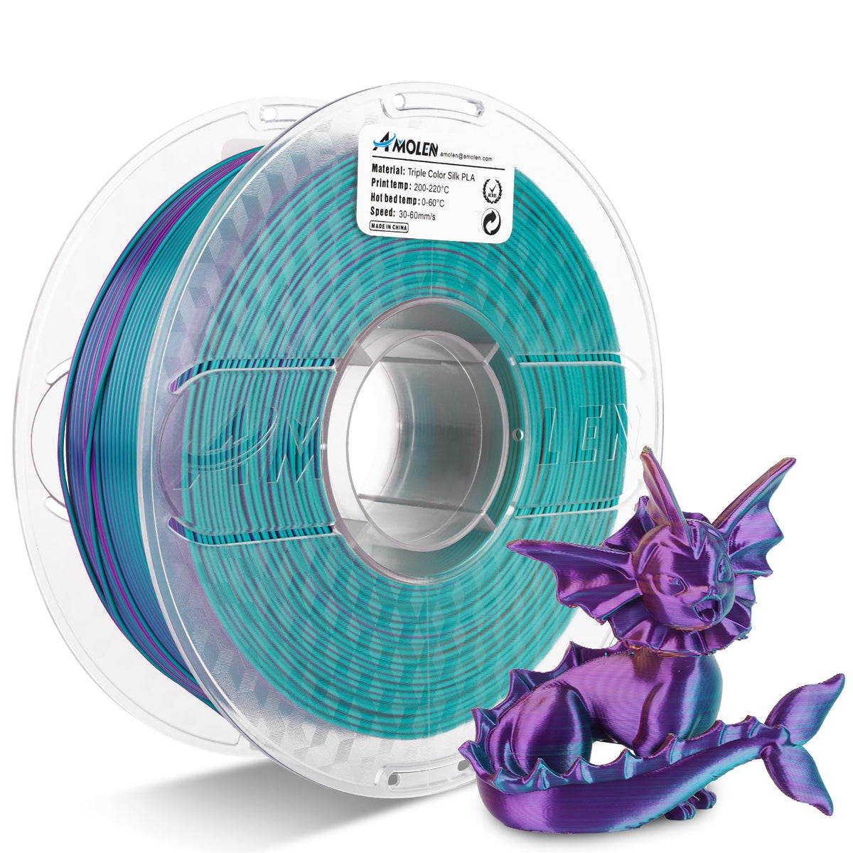 AMOLEN Triple-Color Silk PLA Filament, 1.75mm, 1kg