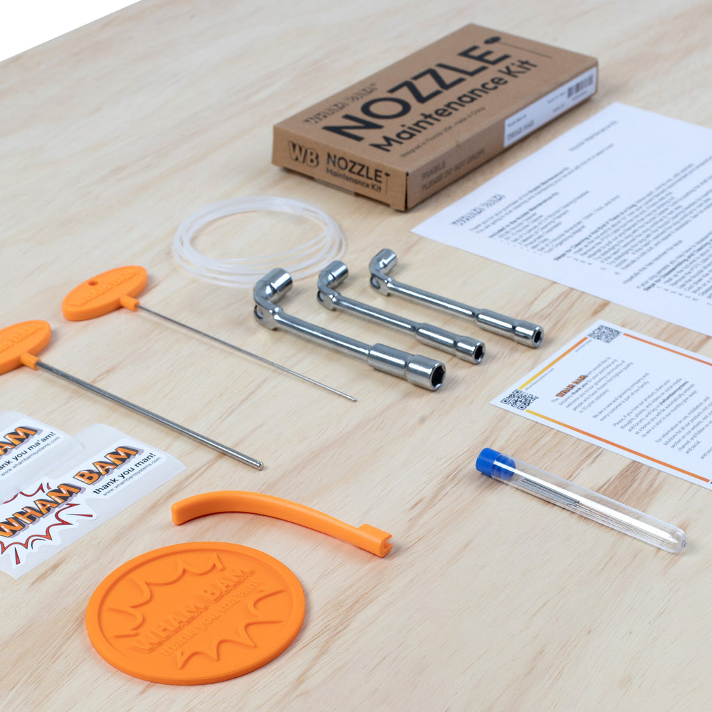 Wham Bam nozzle maintenance kit with cleaning tools, nozzle wrenches and cleaning filament