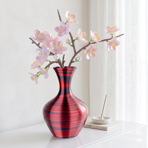 Red and dark blue striped vase holding pink blossoms, shown as a multicolor silk PLA example